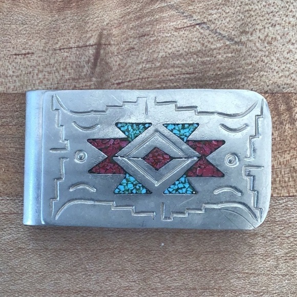 Vintage Navajo Silver & German Silver Money Clip / turquoise & Coral Chip Inlay - Picture 1 of 7